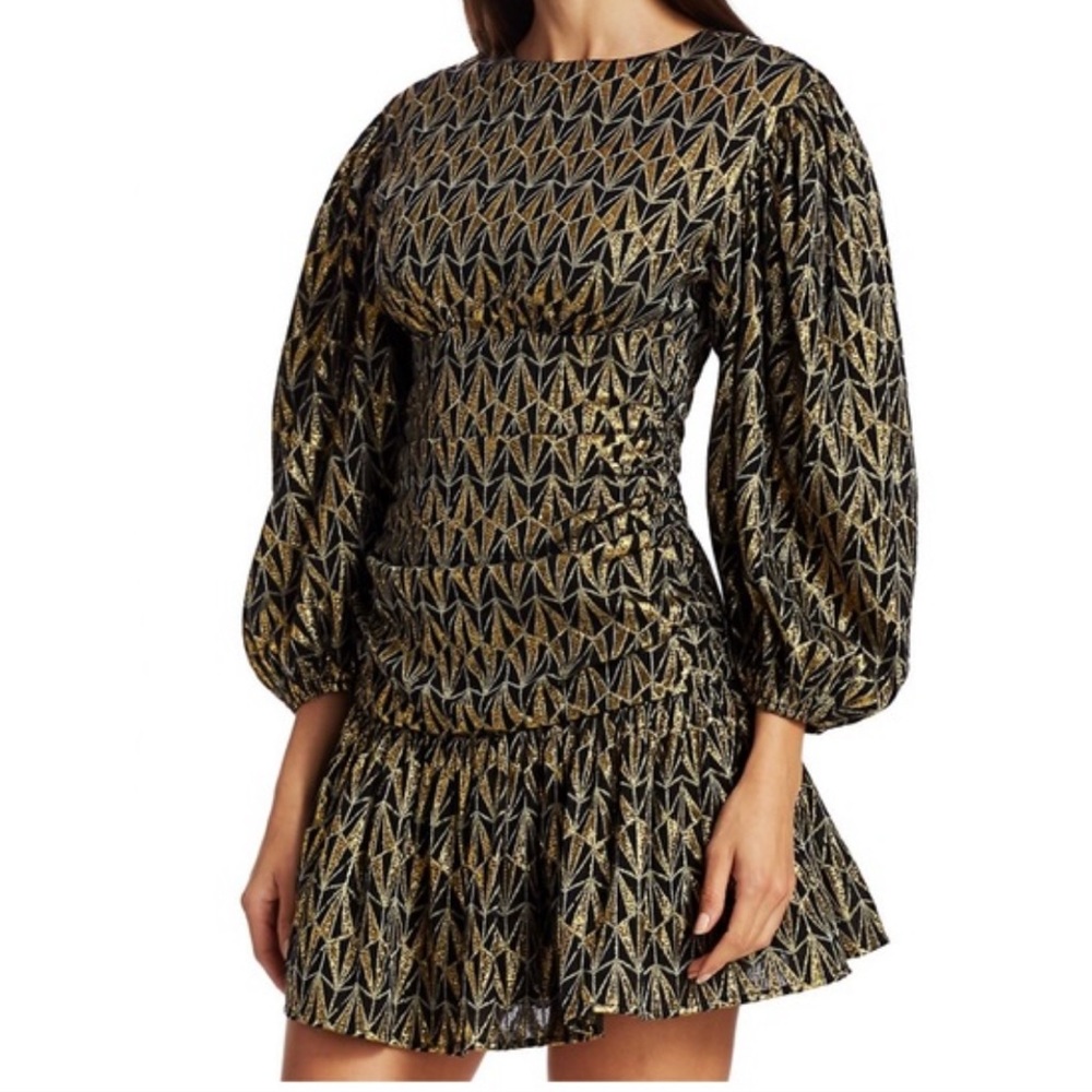 Rhode Donna Geo Metallic Blouson-Sleeve Dress